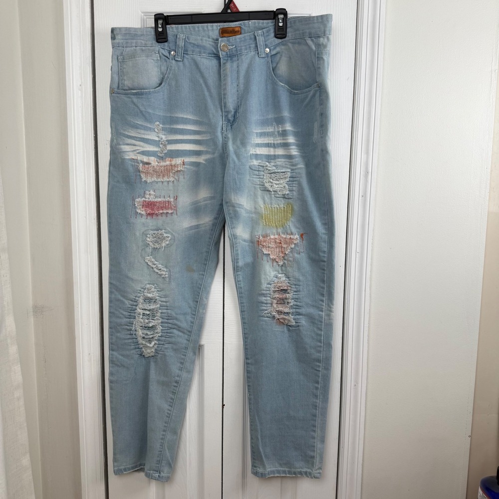 Bleecker‎ & Mercer Y2K Mens Light Wash Distressed Patchwork Slim Jeans 40/32